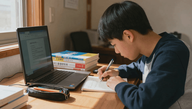 Male high school student studying with laptop in room
