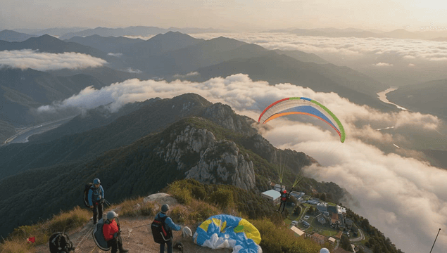 People enjoying paragliding on mountain summit