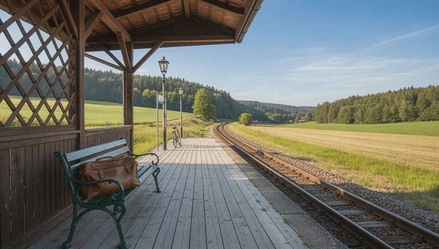 Travel bag on a bench at a quiet rural train station