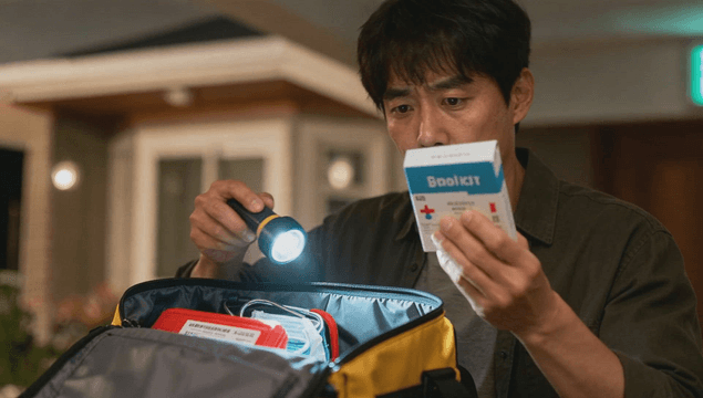 Man inspecting first-aid kit with hand light