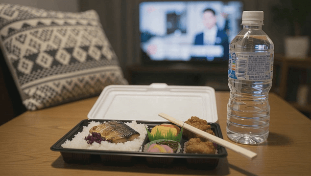 Japanese bento and bottle on table in front of TV