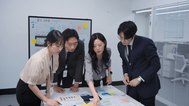 Team discussing project plans in office
