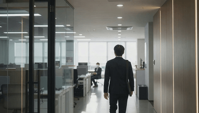 Office worker walking through sleek workplace
