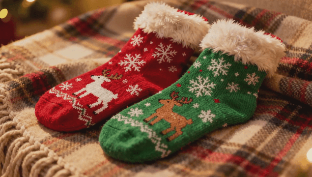 따뜻한 담요 위의 크리스마스 양말