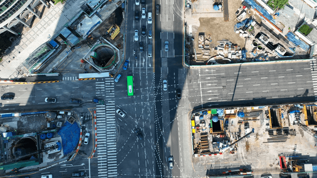 Busy city intersection with traffic