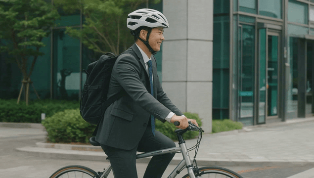 Office worker commuting by bicycle to workplace