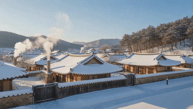 Snow-covered traditional hanok village in Korea