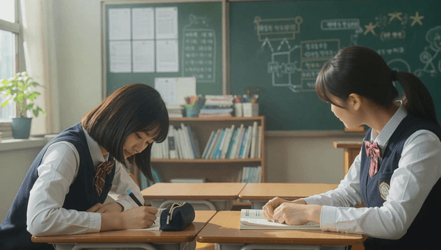 Two female students studying in a sunlit classroom