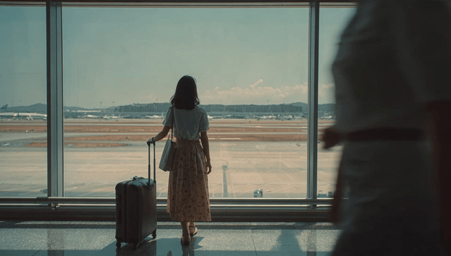 Back view of a woman looking out the window at the airport