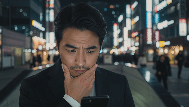 Office worker in suit checking phone on busy city night street