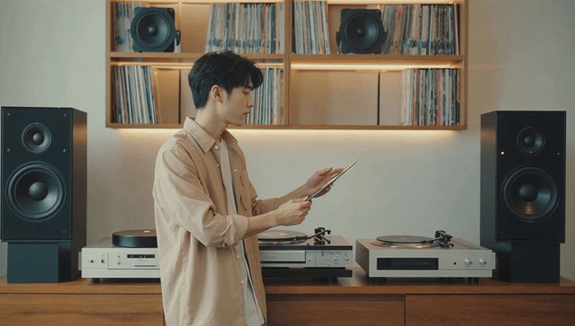 Man choosing various speakers and vinyl records