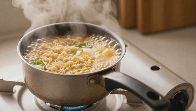 가스버너 위 냄비에서 끓는 계란이 올라간 라면