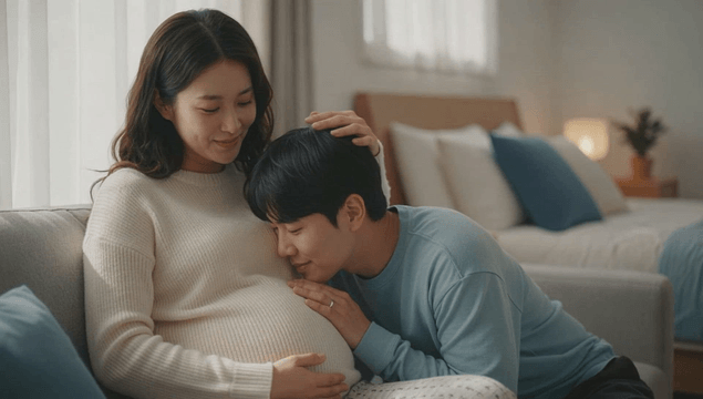 Husband touching pregnant wife's belly