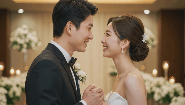 A couple smiling at each other at a wedding