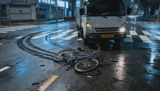 Traffic accident scene with truck and bicycle on wet road