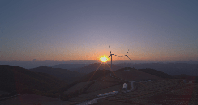 언덕 밭 위의 풍력 터빈 옆 일출
