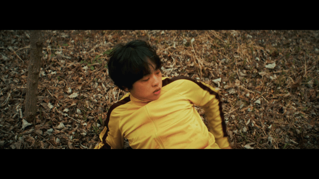 Person in a yellow tracksuit lying on leaves