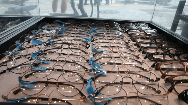 Display of various eyeglasses in a store
