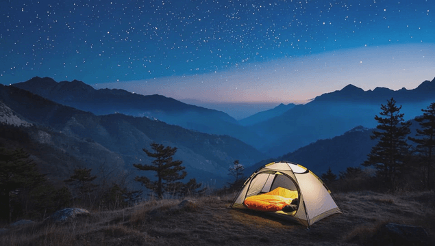 Mountain tent under starry night sky