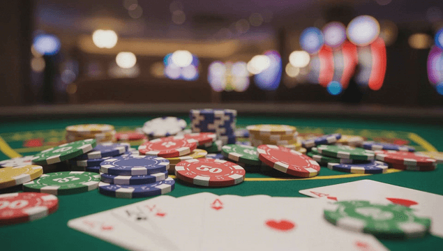 Poker chips and cards on a casino table
