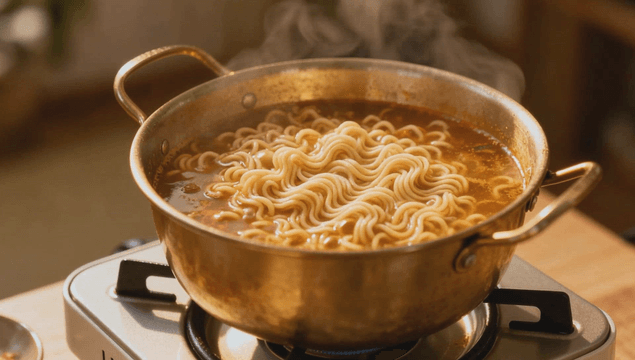 Ramen cooking in aluminum pot on gas stove