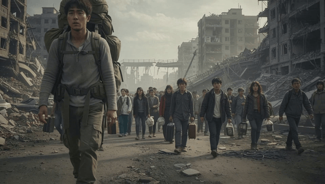 Refugees walking through a destroyed city