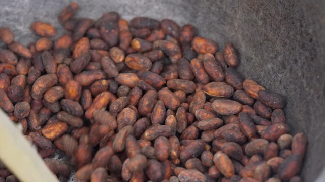 Cacao beans being stirred in a pot