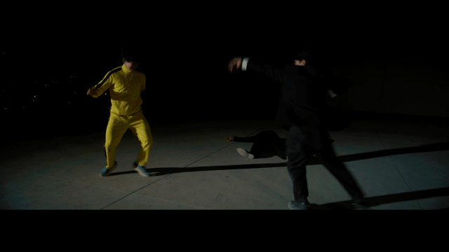 Nighttime martial arts scene with two men