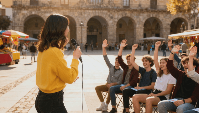 관광지에서 퀴즈를 진행하는 여성과 손을 드는 참가자들