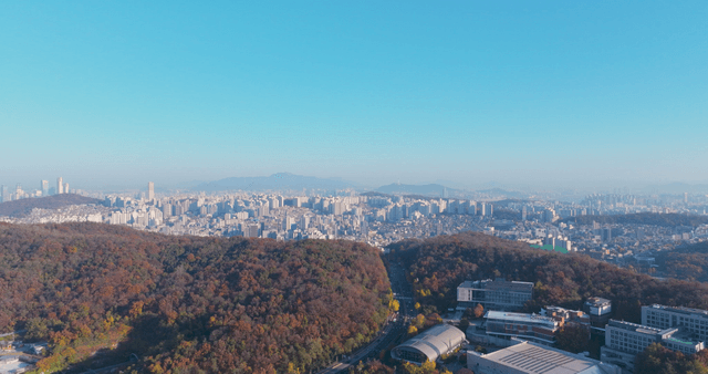 Sprawling cityscape with autumn hills