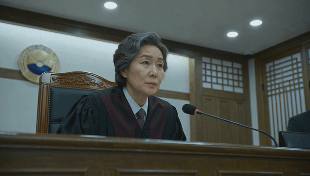 Middle-aged female judge presiding over courtroom