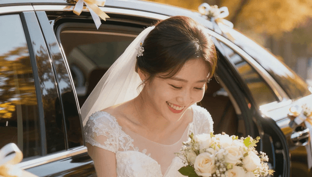 Bride smiling happily inside a wedding car