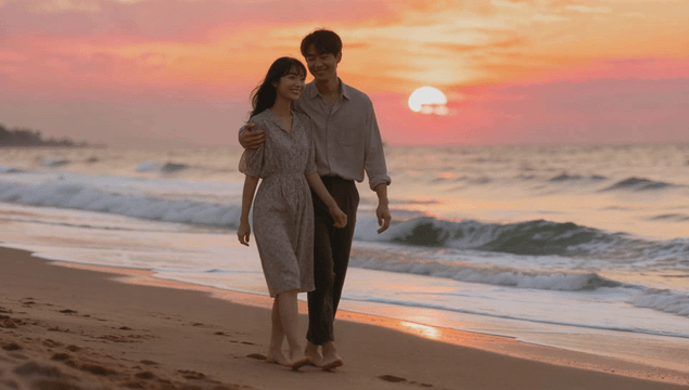 Couple walking at sunset on beach