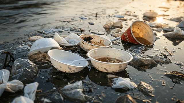 Polluted river with floating trash