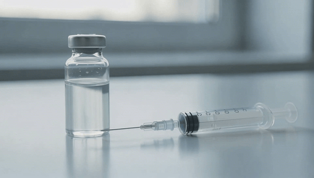 테이블 위의 주사기와 약병