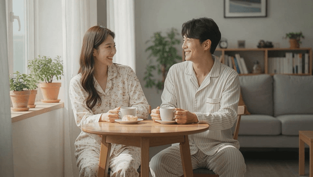 Couple enjoying morning bread and coffee by home window