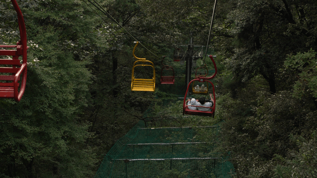 Cable car descending slowly over green mountain