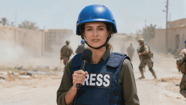 Reporter in a conflict zone with soldiers