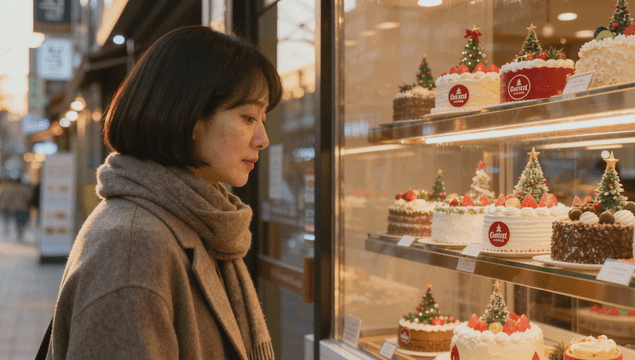 빵집 창문에 진열된 크리스마스 케이크를 바라보는 여자