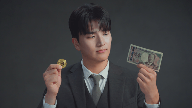 Man smiling at the Japanese yen in his hand