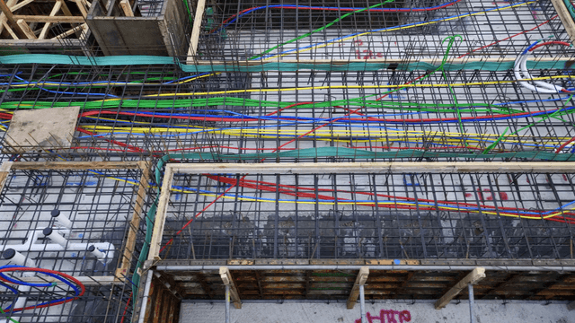 Construction site with rebar and wiring