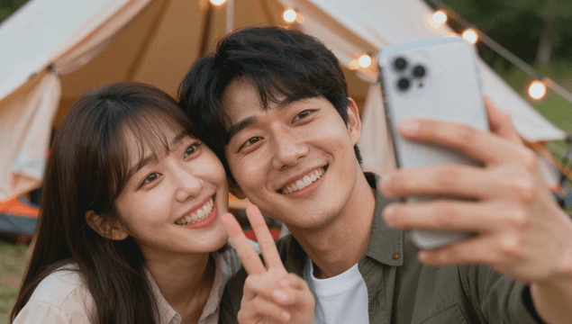 Couple taking a selfie at a campsite