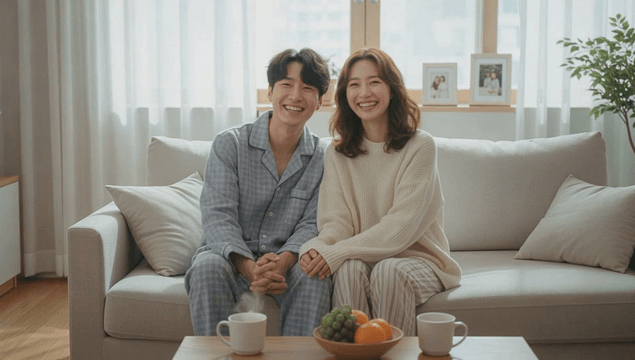 Couple smiling in pajamas on a comfortable sofa