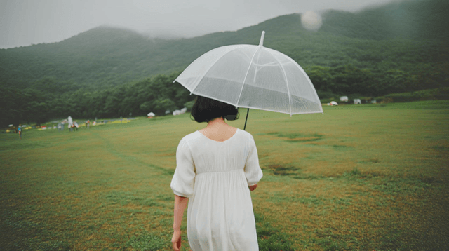 Back view of a woman walking in a field with an umbrella