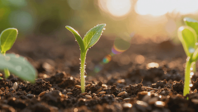 Morning sunlight on dew-covered sprouts