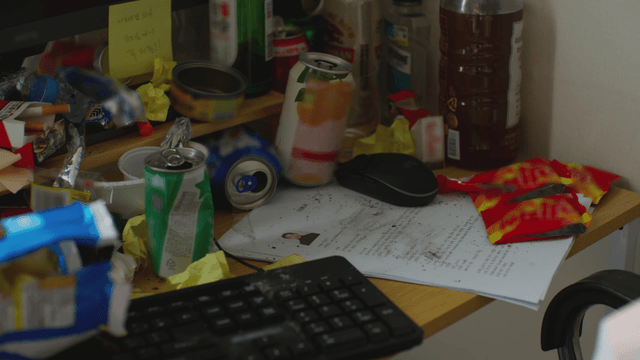 Cluttered desk with trash and documents