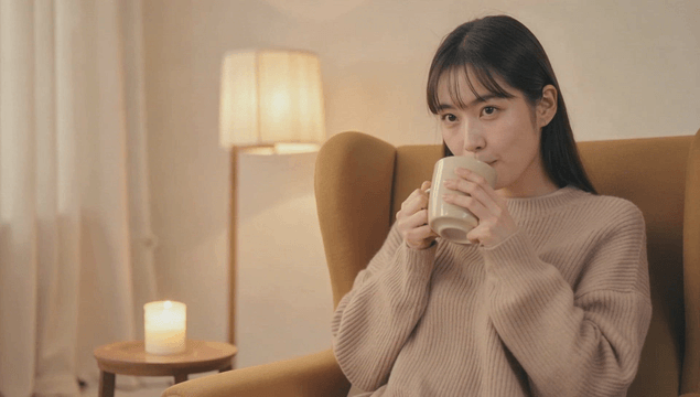 Young woman enjoying a warm drink in a living room armchair