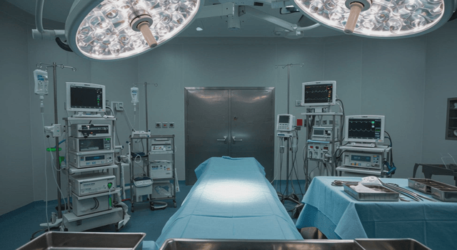Empty operating room with surgical tools