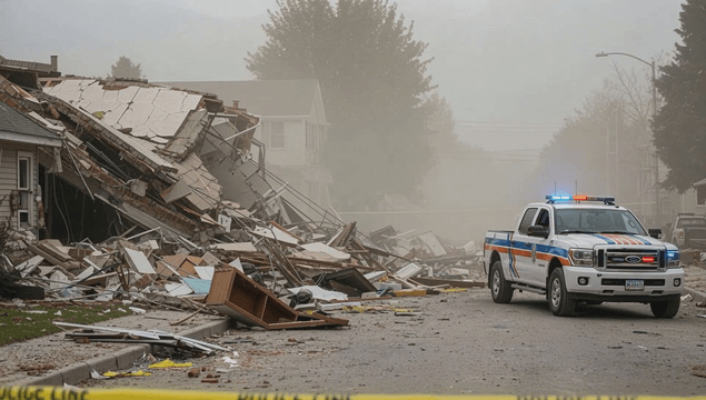 경찰통제선과 경찰차가 있는 붕괴된 건물