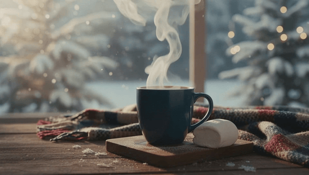 눈 오는 날 김이 나는 머그컵